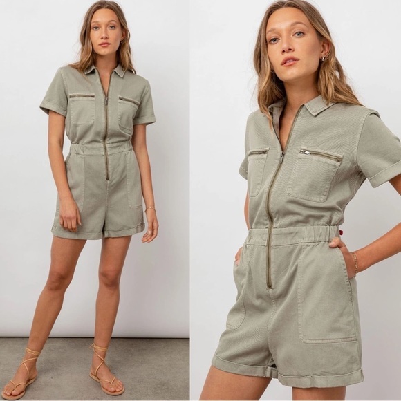 Rails • Effie Utility Romper shortalls playsuit Seagrass sage green twill zip - Picture 1 of 12
